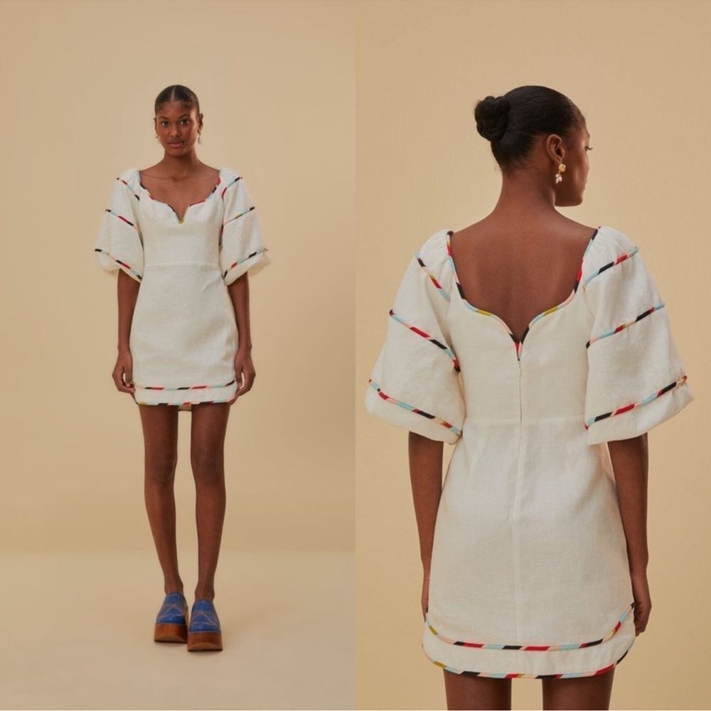 FARM Rio Cream Mini Dress with Multicolor Trim